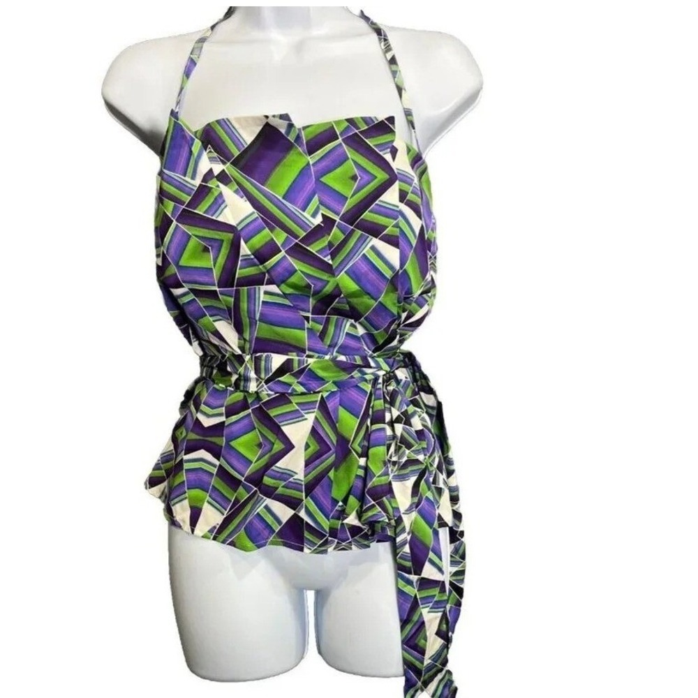 Bebe Halter Top Womens‎ M Purple Green Silk Geometric Abstract Y2K Bold Abstract